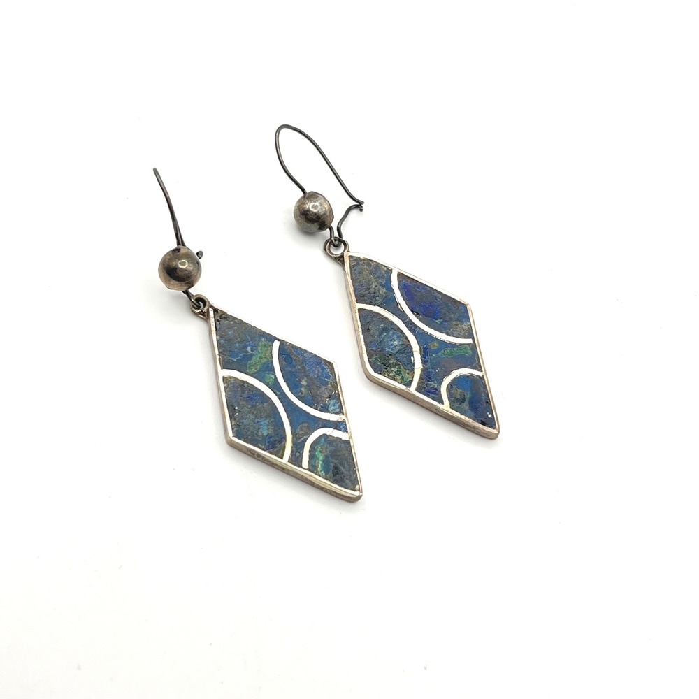 Vintage Mexican Sterling Silver Azurite Malachite‎ Inlay Diamond Drop Earrings